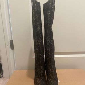Christian Louboutin Black Boot Tall TENNISSINA Lace Floral 100mm Knee High